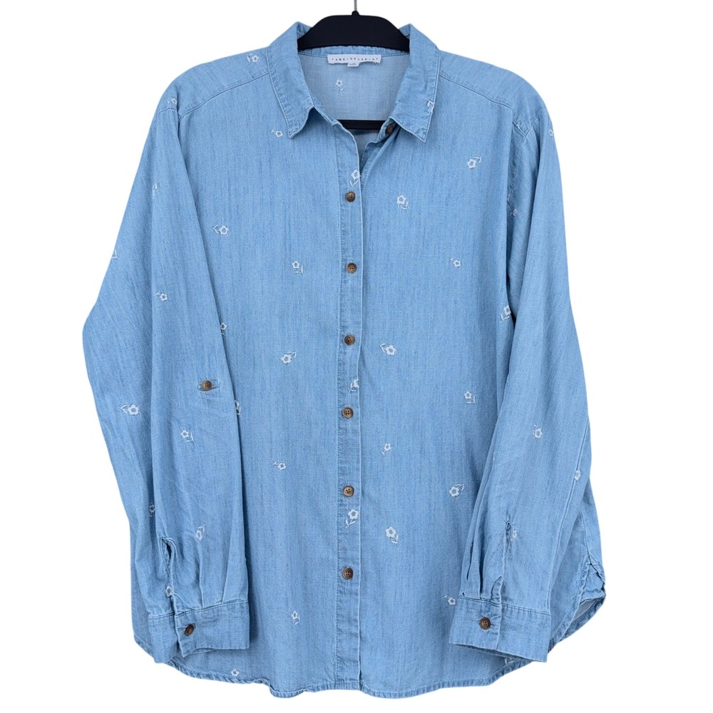 Jane + Delancey Floral Embroidered Button Down Womens XL 100% Cotton Blue